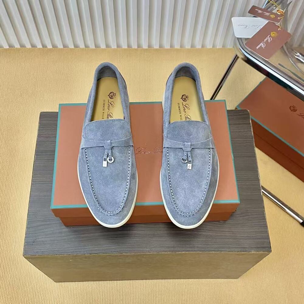 Loro Piana Denim Blue Suede Summer Walk Loafers Designer Slip On Shoes
